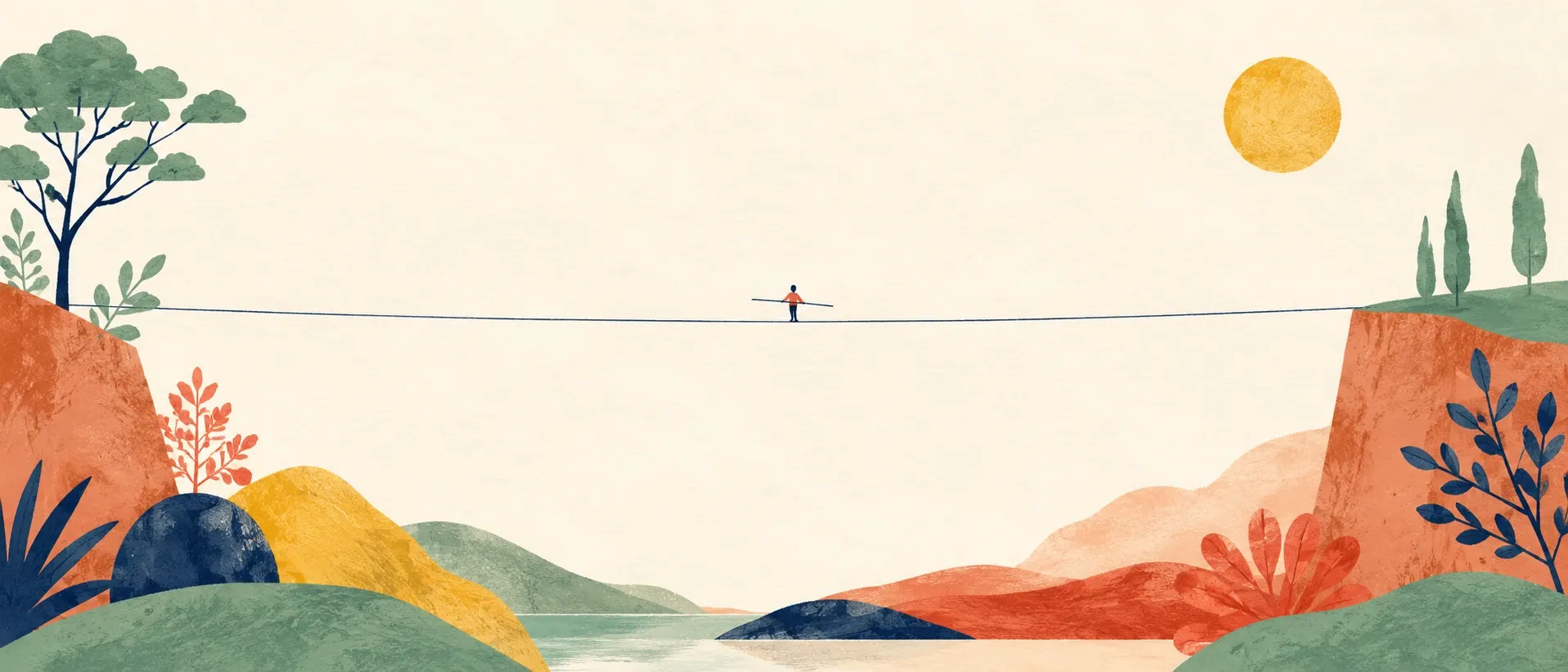 Un funambule minuscule avance sur un fil tendu entre deux rives, paysage doux de collines et de rochers colorés de chaque côté