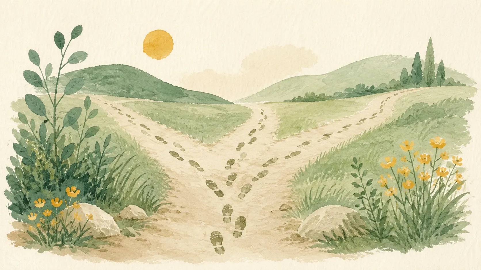 Un chemin de terre se divise en plusieurs sentiers à travers une prairie verdoyante, sous un soleil doux