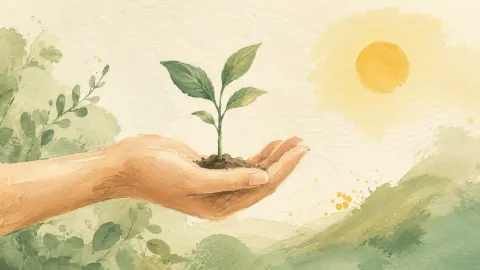 Une main ouverte tient une jeune pousse verte enracinée dans un peu de terre, sous un soleil doux