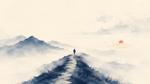 Une silhouette marche seule sur un sentier de crête, entourée de brume et de montagnes, un soleil orangé se couche à l'horizon